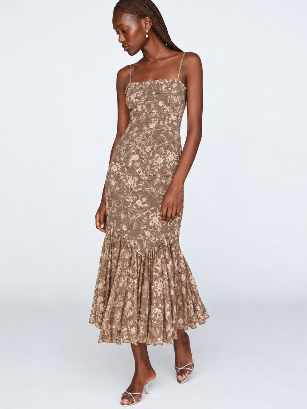 Petal & Pup Ashton Pleated Hem Midi Dress Brown Floral Sweetheart Small NWT